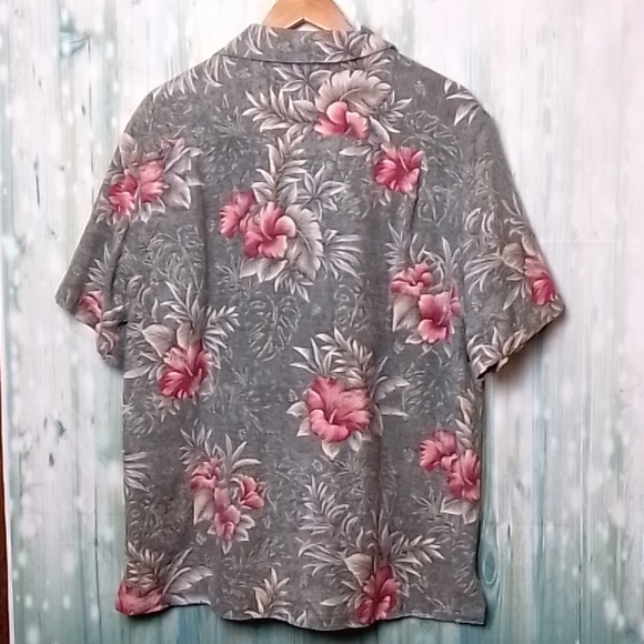 Batik Bay Washable silk short sleeve button down shirt Hawaiian print Large Gray - Picture 2 of 7